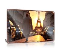 Targa in metallo con scritta in lingua inglese "Man In Long Coat Walking Towards To The Eiffel At Sunset" (lingua italiana non garantita)