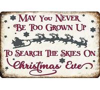 Targa in metallo con scritta in lingua inglese "May You Never Be Too Grown Up To Search The Skies On Christmas Eve" (lingua italiana non garantita), decorazione per la casa, divertente, per bar
