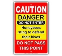 Targa in metallo con scritta in lingua inglese "New Caution Danger Do Not Enter Honeybees Sting To Defend Their Hives Do Not Pass This Point", 20,3 x 30,5 cm, colore: rosso