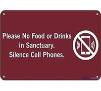 Targa in metallo con scritta in lingua inglese "Please No Food Or Drinks in Sanctuary. Silence Cell Phones". Cartello di sicurezza per esterni, fattoria, cortile, avvertimento, decorativo, in