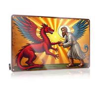 Targa in metallo con scritta in lingua inglese "Saint Michele che sconfigge il drago: una battaglia simbolica del bene contro il buono", stile vintage, divertente, decorazione per uomini (20 x 30 cm)