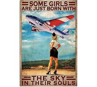 Targa in metallo con scritta in lingua inglese "Some Girls are Born to Like The Sky" con scritta in inglese "The Stewardess Looks Up at The Airplan", decorazione per il bagno, 20 x 30 cm