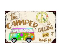 Targa in metallo con scritta in lingua inglese "The Camper is Calling and i Must Go", stile hippie, vintage, per casa, casa, casa, casa, giardino, cortile, bar, pub, grotta, 20 x 30 cm