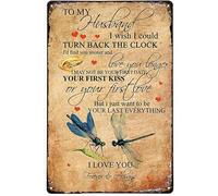 Targa in metallo con scritta in lingua inglese "To My Husband First Kiss First Love Dragonfly" (lingua italiana non garantita), per casa, fattoria, esterni, bagno, ristorante, bar, club, cucina