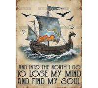 Targa in metallo con scritta in lingua inglese "Viking Longship and into the North I Go to lose my mind and find my soul", stile vintage, divertente, per cucina, bar, club, garage, giardino