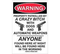 Targa in metallo con scritta in lingua inglese "Warning Property Patrolled by A Crazy Birthday", idea regalo per la casa di fattoria, giardino, cortile, decorazione per la casa, 20,3 x 30,5 cm