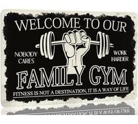 Targa in metallo con scritta in lingua inglese "Welcome to our family gym Signs - Cartello fitness vintage per palestra sala da palestra casa bar garage uomo grotta decorazione da parete regalo 20,3 x