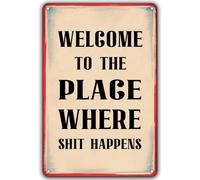 Targa in metallo con scritta in lingua inglese "Welcome to the place where happens", decorazione da parete in stile retrò, con regole per il bagno, per casa, cucina, bar, pub, patio, uomo, 20,3 x 30,5