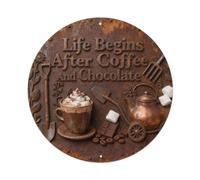 Targa in metallo con scritta "Life Begins After Coffee And Chocolate
