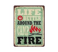Targa in metallo con scritta "Life Is Better Around The Camp Fire", stile vintage, decorazione da parete, per cucina, casa, garage, 40,6 x 30,5 cm
