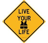 Targa in metallo con scritta "Live Your Vest Life Boat Sailing Kayak Fishing Enthusiast Lake Life Shop", decorazione da parete per interni ed esterni, quadrata, 30,5 x 30,5 cm