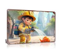Targa in metallo con scritta "Man Cave Accessories And Decor, Little Firefighter Saving A Fish In The City", per camera da letto, camera da uomo (30 x 40 cm)