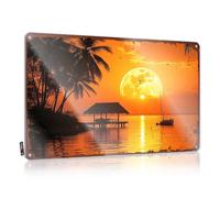 Targa in metallo con scritta "Man Cave Signs and Decor Full Moon Rising Over Tropical Beach With Palm Trees and Dock", divertente poster in metallo vintage divertente (20 x 30 cm)