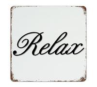 Targa in metallo con scritta "Relax", 30,5 x 30,5 cm, elegante e alla moda, per ingresso e giardino, decorazione per la stanza degli uomini, con parole corsive e lettere nere per bar