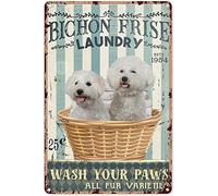 Targa in metallo con scritta "Rutic", per lavanderia, cane, bichon, frise, lavanderia, lavare le zampe, decorazione da parete in metallo, 20 x 30 cm