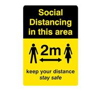 Targa in metallo con scritta "Social Distancing In Area Keep Your Distance", 2 m, verticale, sicurezza e avvertimento, 30,5 x 40,6 cm, con scritta in lingua inglese "Caution Security", per interni ed