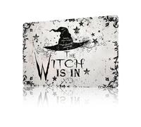 Targa in metallo con scritta "The Witch Is In For Home", per cucina, camera da letto, bar, Halloween, 20,3 x 30,5 cm