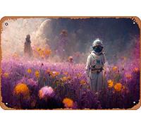 Targa in metallo con scritta "Two Astronauts in a Flower Field, Looking Away", astratta e surreale, fantascienza, classica, decorazione da parete, 20,3 x 30,5 cm