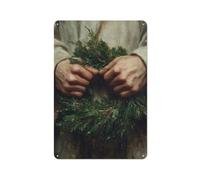 Targa in metallo con scritta "Two Hands Holding An Evergreen Wreath", decorazione artistica da parete per bar, pub, club, caffetteria, fattoria, bianco, 30 x 20 cm