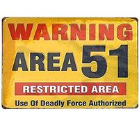Targa in metallo con scritta "Warning Restricted Area 51", aspetto vintage, 30,5 x 20,3 cm, targa da parete retrò