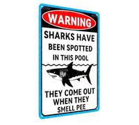 Targa in metallo con scritta "Warning Sharks Pool Rules" (lingua italiana non garantita), divertente cartello di sicurezza con scritta "No Peeing", decorazione da parete per piscina, parco acquatico