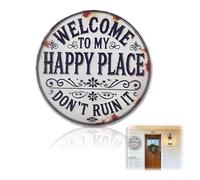 Targa in metallo con scritta "Welcome to My Happy Place" divertente, stile vintage, 20,3 x 20,3 cm, rotonda, in alluminio, decorazione da giardino, per uomini e donne, divertente ornamento da giardino