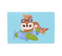 Targa In Metallo Cute Little Squirrel And Mouse Flying With The Plane Targhe Metallo Nostalgica Tin Sign Decorative Metal Signboard Per Ristorante Cucina Soggiorno 20X30CM