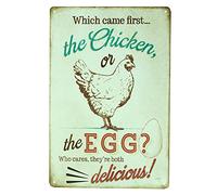 Targa in metallo da 20,3 x 30,5 cm, con scritta in lingua inglese "Which Came Firsh The Chicken", decorazione per la casa, decorazione da parete, regalo di compleanno, giardino, cortile, targa vintage