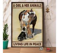 Targa in metallo da 20,3 x 30,5 cm, motivo: cowgirl cavallo e cane ragazza e i suoi animali vivono la vita in pace, decorazione per la casa, decorazione da parete, regalo di compleanno, giardino