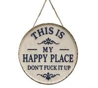 Targa in metallo da giardino, con scritta in inglese "This Is My Happy Place Don't Mess It Up", targa da parete in latta retrò per patio, divertente cartello in alluminio per esterni, finitura