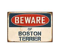 Targa in metallo decorazione da parete Beware of Boston Terrier divertente segnale di avvertimento in metallo per la decorazione della casa cartello di sicurezza da cortile cartello in latta 20,3 x