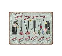 Targa in metallo Parrucchiere Dio dice che sei, Decorazione per parrucchiere, Regalo per parrucchiere, Targa in metallo retrò divertente Poster vintage da parete per Cucina Giardino Bagno Decorazioni