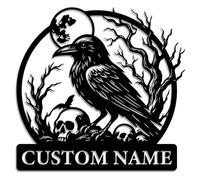 Targa in metallo personalizzata con corvo e teschi - Nome personalizzato Gothic Iron Wall Art con design luna piena e corvo - Decorazione di Halloween o strega per cabine, bar o stanze a tema