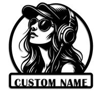 Targa in metallo personalizzata con ragazza con cuffie - Decorazione da parete ispirata alla musica con nome personalizzato - Decorazione in metallo per camera da letto, studio musicale o sala giochi