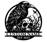 Targa in metallo personalizzata con teschio di corvo, nome personalizzato gotico in ferro da parete con corvo e teschio, decorazione per Halloween o natura scura per cabine, bar o spazi delle streghe
