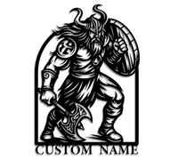 Targa in metallo personalizzata Viking Axeman - Nome personalizzato Norse Warrior Wall Art con ascia da battaglia e scudo - Decorazione da parete in ferro nordico per garage, sala giochi o grotta