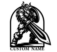 Targa in metallo personalizzata Viking Axeman - Nome personalizzato Norse Warrior Wall Art con ascia da battaglia e scudo - Decorazione da parete in ferro nordico per garage, sala giochi o grotta