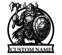 Targa in metallo personalizzata Viking Warrior - Nome personalizzato Norse Wall Art con ascia e scudo - Decorazione in ferro per grotta uomo, garage o cabina rustica