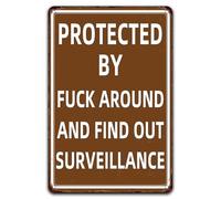 Targa In Metallo Protected By Fuck Around And Find Out Surveillance Humorous Quote Antique Metal Signboard Divertente Tin Sign Decorative Poster Segno Lamiera Per Ristorante Bagno Cucina 20X30CM