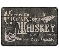 Targa in metallo resistente con sigaro e whiskey Please Help Yourself Enjoy Out, decorazione da parete per sigari, whisky, lounge, club, bar, bar, grotte, per interni ed esterni, 20,3 x 30,5 cm