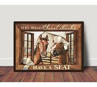 Targa in metallo retrò 30,5 x 40,6 cm con scritta in lingua inglese "Why Hello Sweet Cheeks Have A Seat", poster per il bagno con cavallo, decorazione da parete divertente, decorazione da parete in