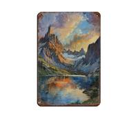 Targa in metallo retrò con frastagliate le cime delle montagne all'alba, decorazione da parete per bar, grotte, bar, famiglie, garage, 20 x 30 cm