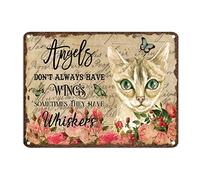 Targa in metallo retrò con gatto e scritta "Angels Don't Always Have Wings Somethings They Have Whiskers", in alluminio, 30,5 x 40,6 cm, resistente alle intemperie, per bar, pub, club, caffetteria