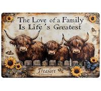 Targa in metallo retrò con mucca "The love of a family is life's greatest or gardening casa cucina soggiorno esterno decorazione da parete 20,3 x 30,5 cm