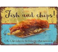 Targa in metallo retrò con scritta "Fish and Chips Seaside" (lingua italiana non garantita), targa decorativa da parete, per casa, club, bar, uomo, grotta, garage, fattoria, 20,3 x 30,5 cm