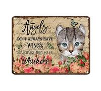Targa in metallo retrò con scritta in lingua inglese "Angels Don't Always Have Wings Somethings They Have Whiskers", 30,5 x 40,6 cm, facile da montare, targa in metallo per garage, bar, cucina