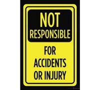 Targa in metallo retrò con scritta in lingua inglese "Not Responsible for Accidents or Injury" stampata gialla nera avviso avviso avviso ufficio business | Home Club Bar Targa decorativa in metallo