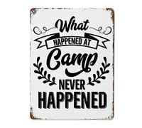 Targa in metallo retrò con scritta in lingua inglese "What Happend at Camp Never Happened", per garage, cucina, camera da letto, 40,6 x 30,5 cm