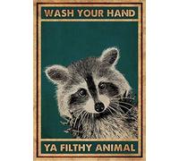 Targa in metallo retrò con scritta "Wash Your Hand Ya Filthy" con animali in metallo, divertente procione, decorazione per bagno, casa colonica, per gli amanti degli animali, decorazione da parete per
