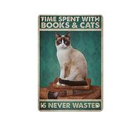 Targa in metallo retrò Il tempo trascorso con libri e gatti non è mai sprecato Targa in metallo Pittura in ferro Cucina Bagno Garage Bar Cafe Man Cave Wall Home Decor Poster in latta Targa per interni